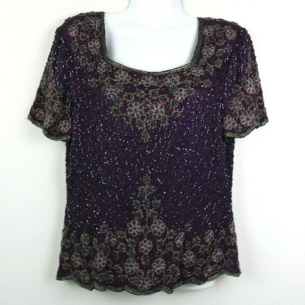Stenay Womens Blouse Short Sleeve Beaded Floral